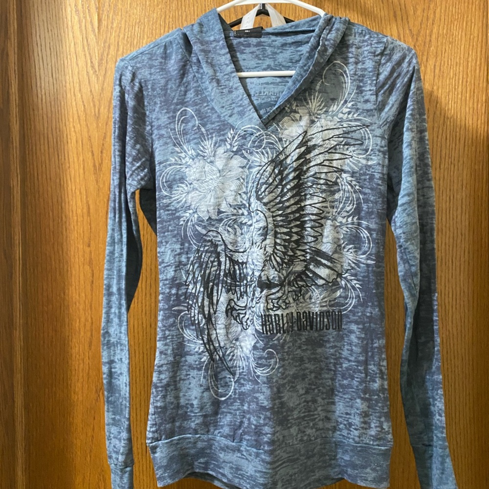 Harley Davidson long sleeve women’s top, size M. Blue tie-dye look, rarely worn.